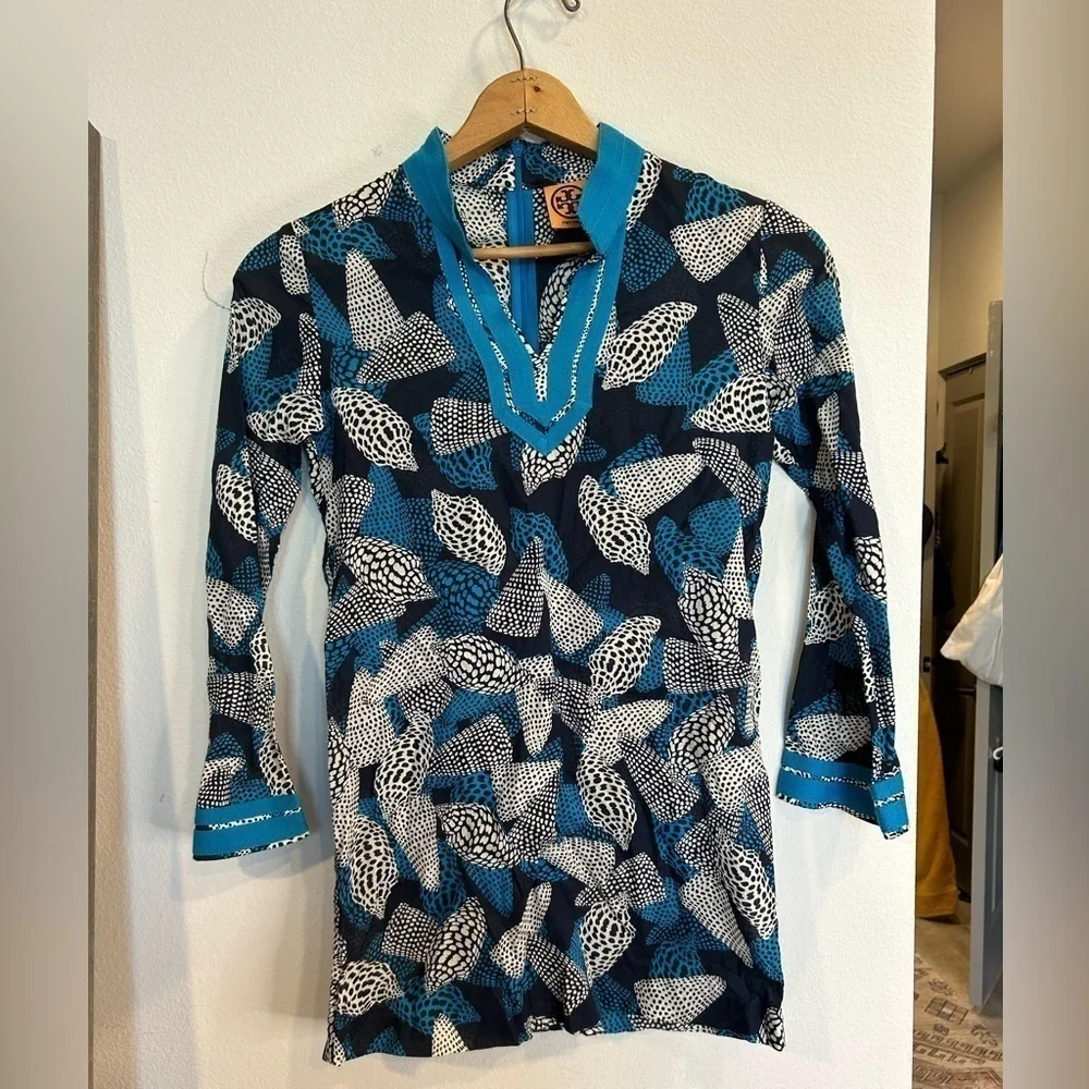 Tory Burch Girls XL Seashell Print Cotton Tunic Dress Blue White Boho Beach